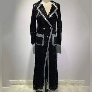 Black Sequin Long Coat with Silver Trim